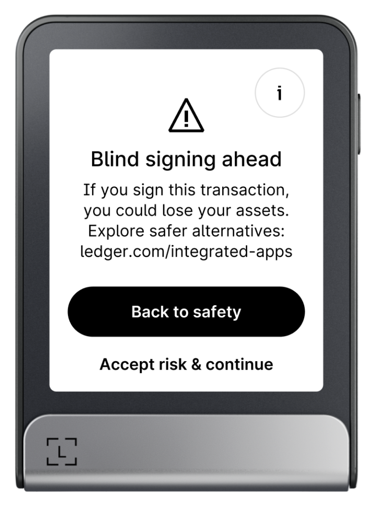 screenshot showing blind signing prompt on Ledger Wallet
