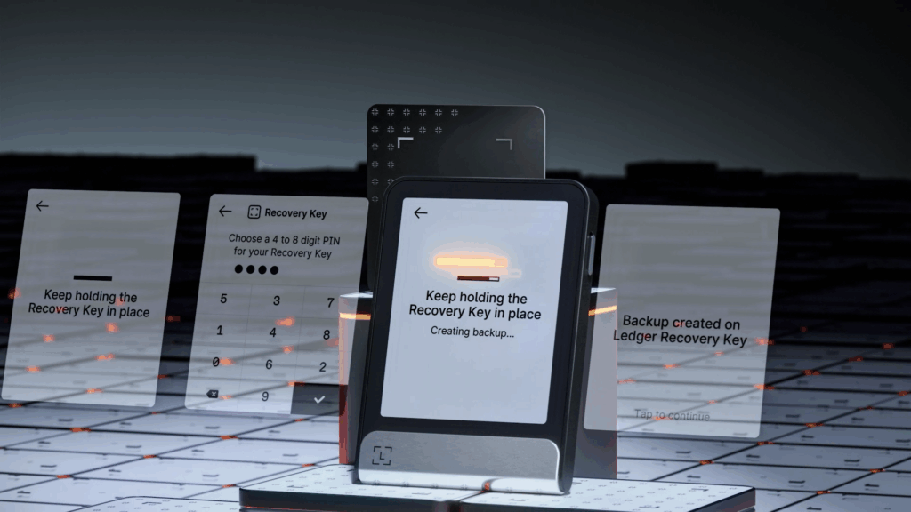 Image of a Ledger Recovery Key being used with a Ledger Flex signer as it creates a backup of the seed phrase.