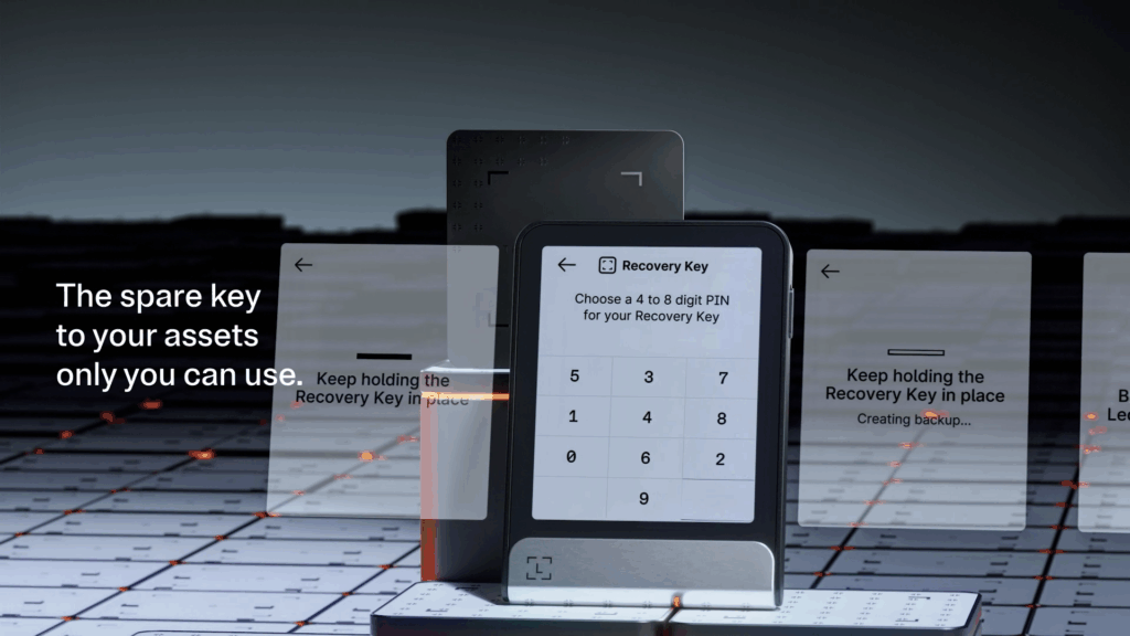 Image of a Ledger Recovery Key held behind a Ledger Flex signer. The screen of the Ledger Flex shows a PIN CODE screen