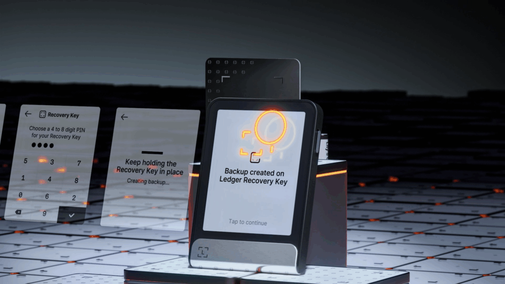Image showing that a backup has been created on the Ledger Recovery Key using a Ledger Flex signer.