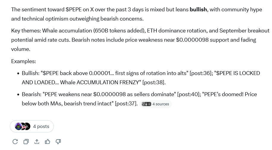 screenshot of an LLM displaying sentiment analysis across social and media platforms on the internet in terms of bullish, bearish or neutral sentiment across the given timeframe