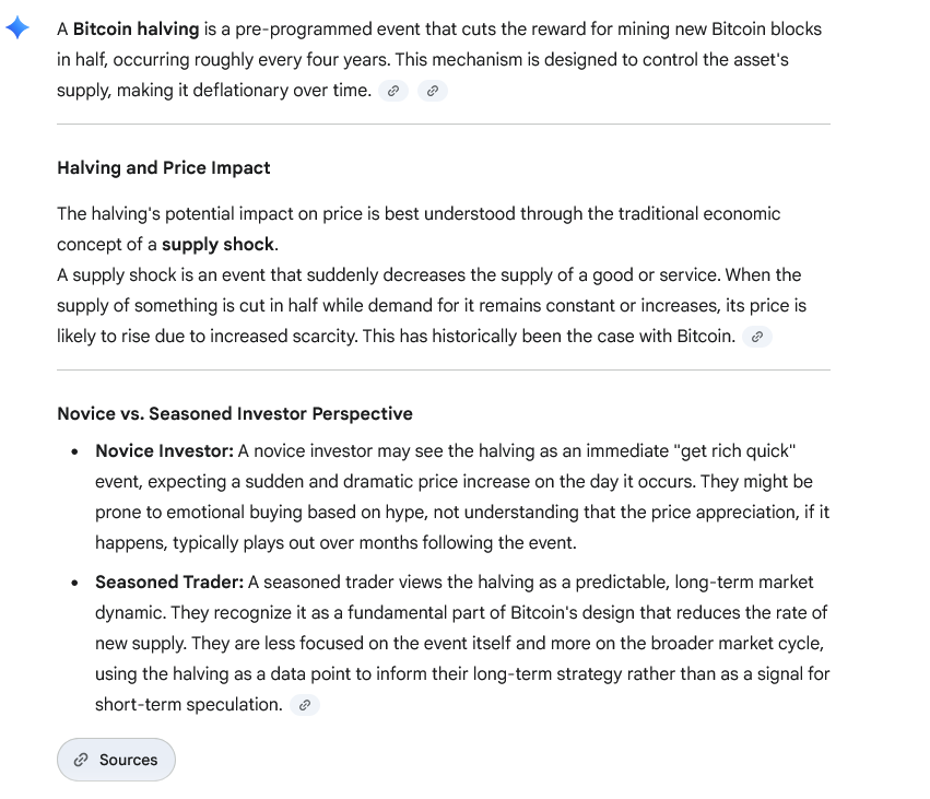 screenshot of an LLM explaining crypto concepts such as Bitcoin halving and its impact on price, plus economic factors for investing