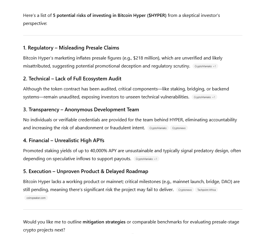 screenshot of an LLM displaying potential risks data of a crypto project