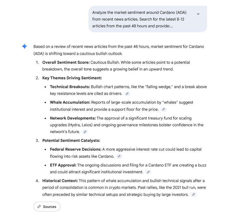 screenshot of an LLM displaying market sentiment analysis for a particular blockchain
