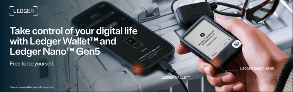 スマートフォンに接続されたLedger Nano Gen5暗号資産署名用デバイスの画像