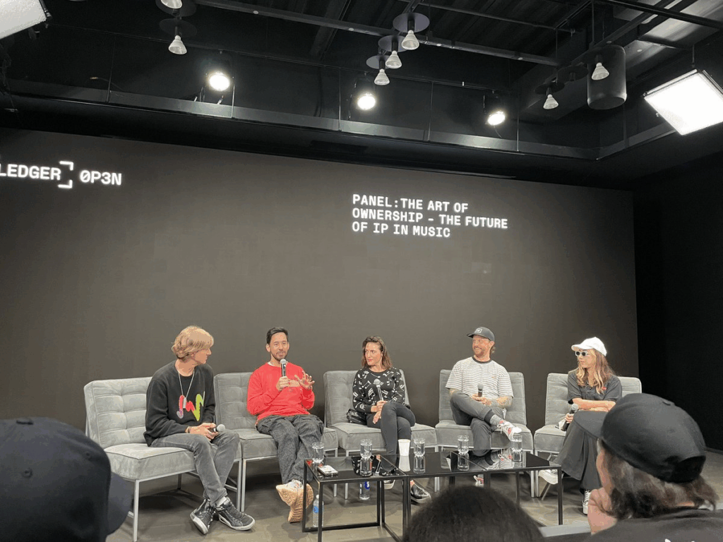 image of Ian Rogers, Ledger CXO & Mike Shinoda on 'The Art of Ownership' panel @ Ledger Op3n (June 2022, New York)