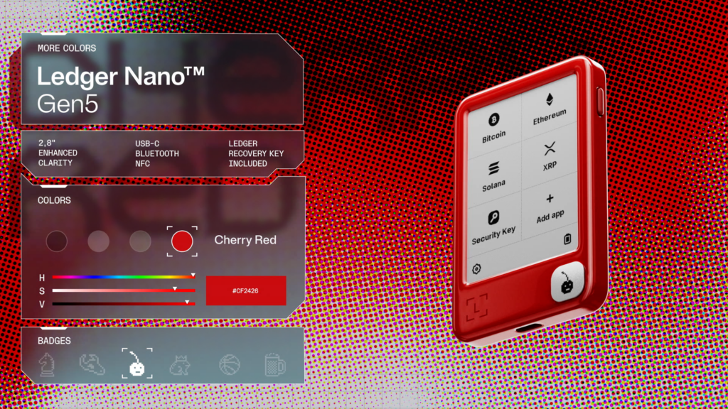 a display banner showcasing the Ledger Nano Gen5 in cherry red color along with feature highlights