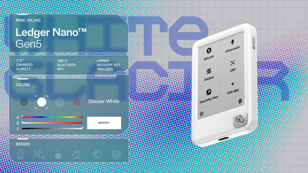 a display banner showcasing the Ledger Nano Gen5 in White Glacier color along with feature highlights