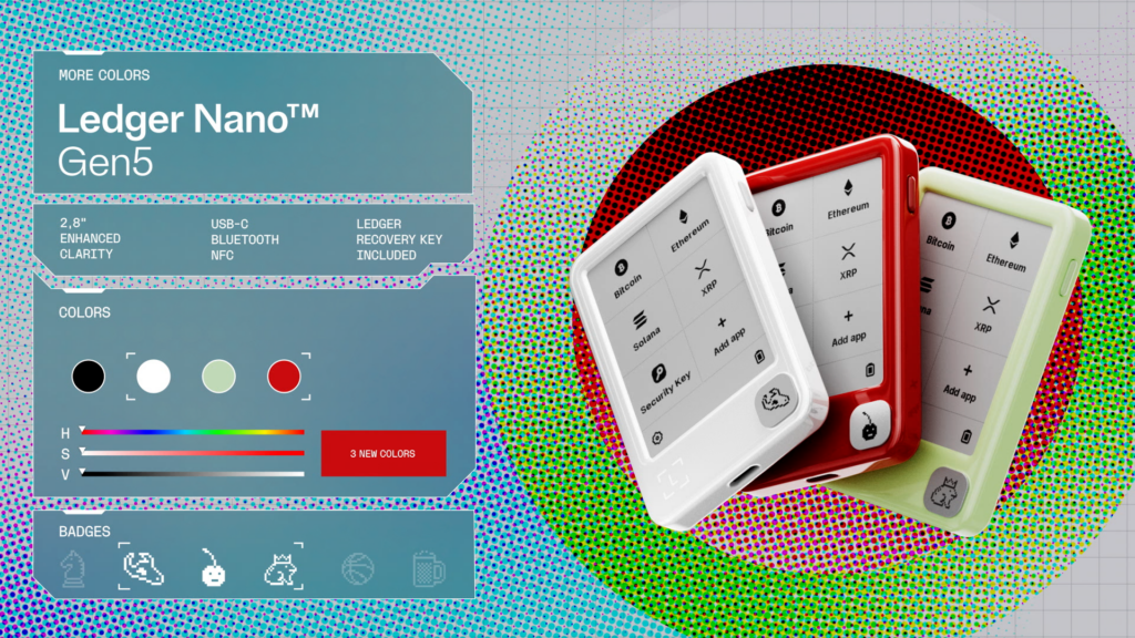 a display banner showcasing the Ledger Nano Gen5 in all three new colors along with feature highlights