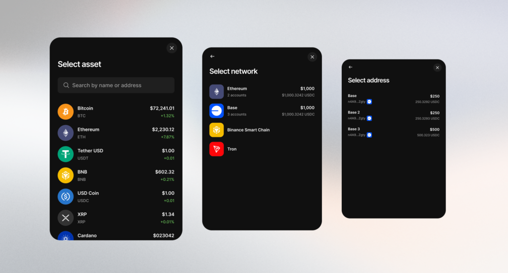 View of Ledger Wallet 4.0's Asset selection and accounts tab on a cellular device