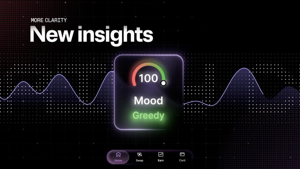 An image displaying Ledger's Earn dashboard features - a market mood index is displayed in the center