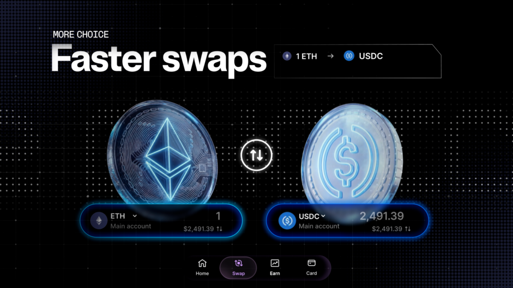 An image displaying Ledger's all-new swap bar, swapping ETH and USDC tokens in the Ledger Wallet 4.0 upgrade