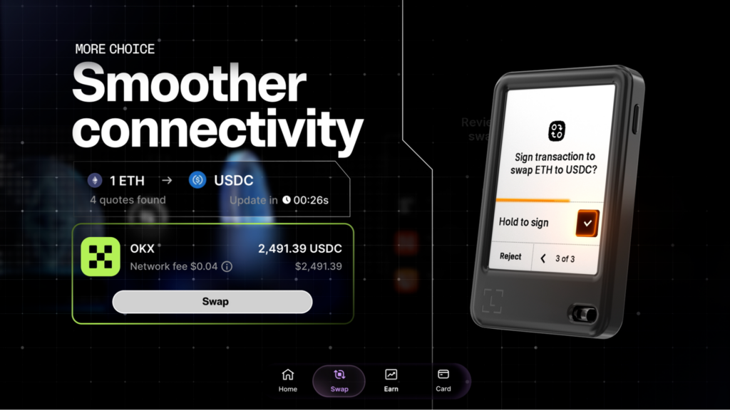 An image displaying the Ledger Wallet 4.0 upgrade with the Swap bar and a Ledger Nano Gen5 signer