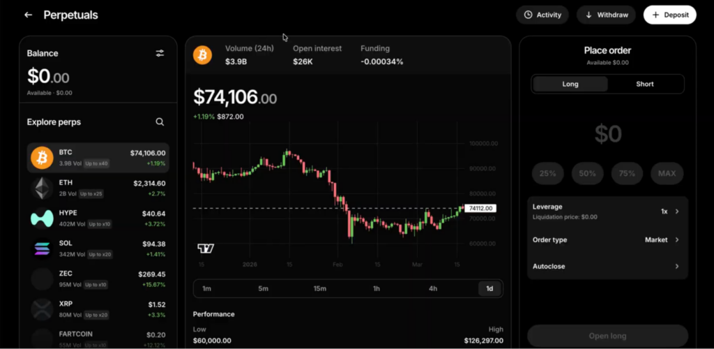screenshot of Perpetuals dashboard in Ledger Wallet