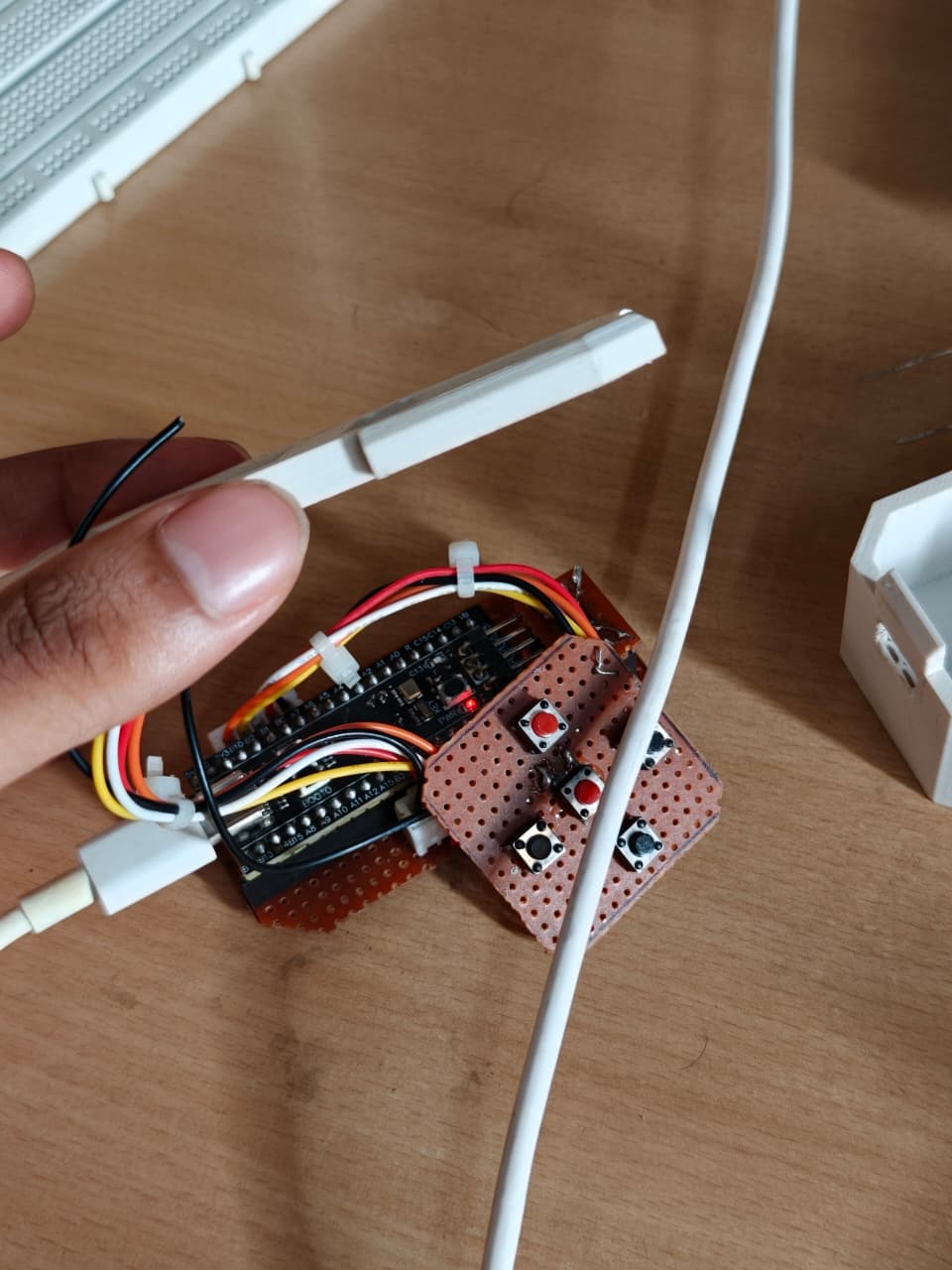 Assembled internals of the Noir Wallet prototype: STM32F401CCU6, button matrix, and OLED header on a breadboard