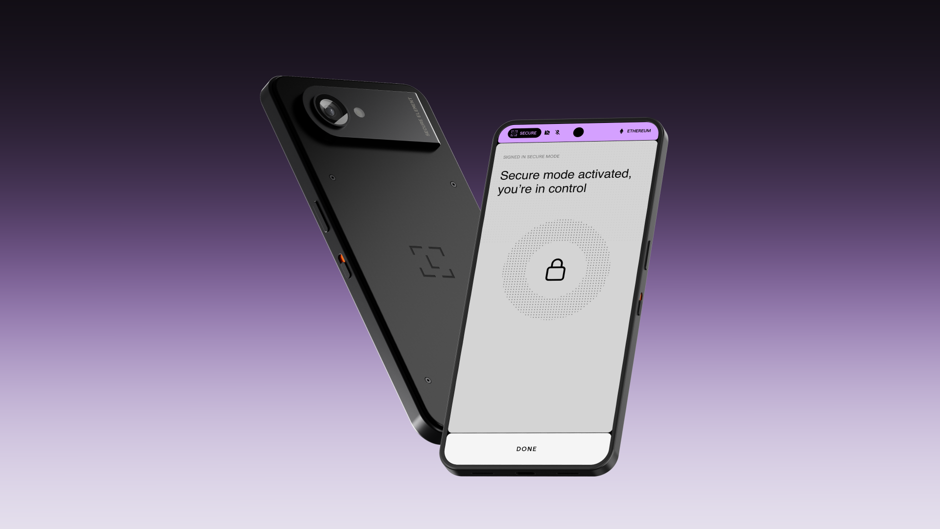 Two Ledger Atom devices floating against a purple gradient, one showing its black back with a camera module, the other showing a screen that reads Secure mode activated, you're in control